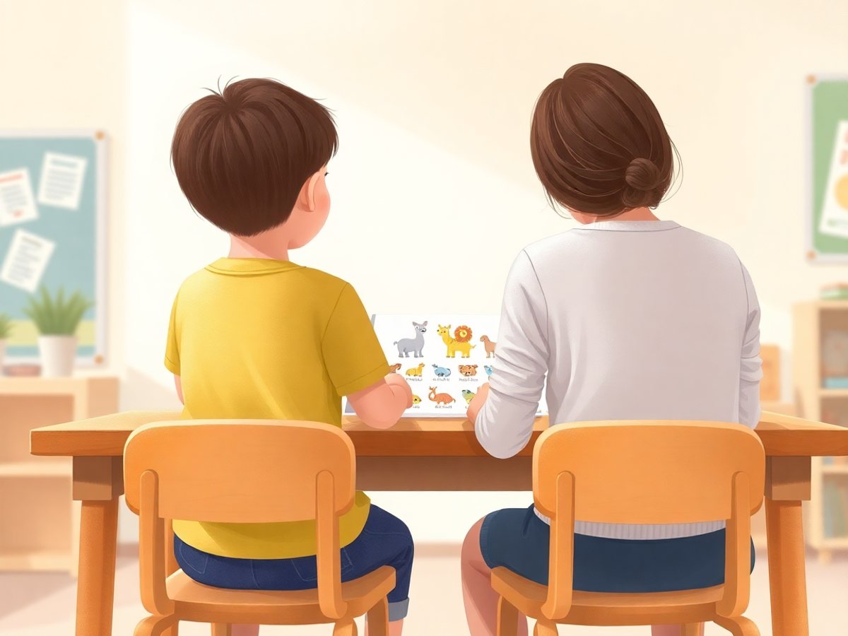 A teacher and a child seen from behind, working on a printed animal worksheet at a low table